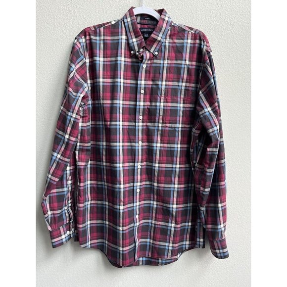 Lands' End Button Down Shirt Long Sleeve No Iron Cotton Men's Large Red Plaid 16 - Picture 1 of 9